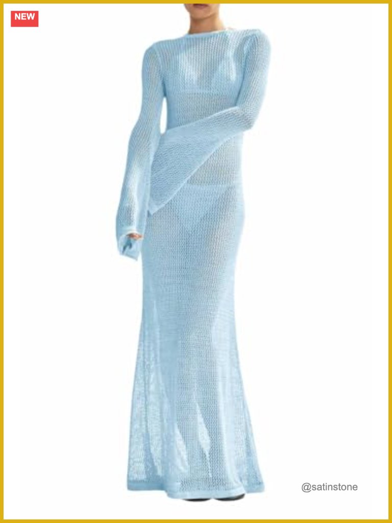 Womens Crochet Cover Up Long Sleeve Backless Knit Swimsuit Beach Maxi Dress